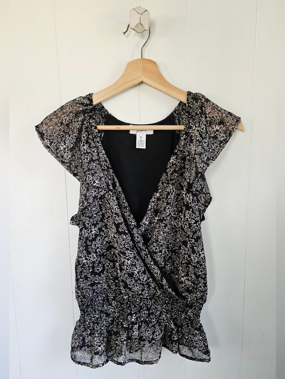 Black Floral Surplice Ruffle Blouse